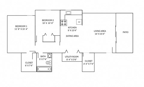 floor plan of a 2 bedroom 1 bathroom unit
